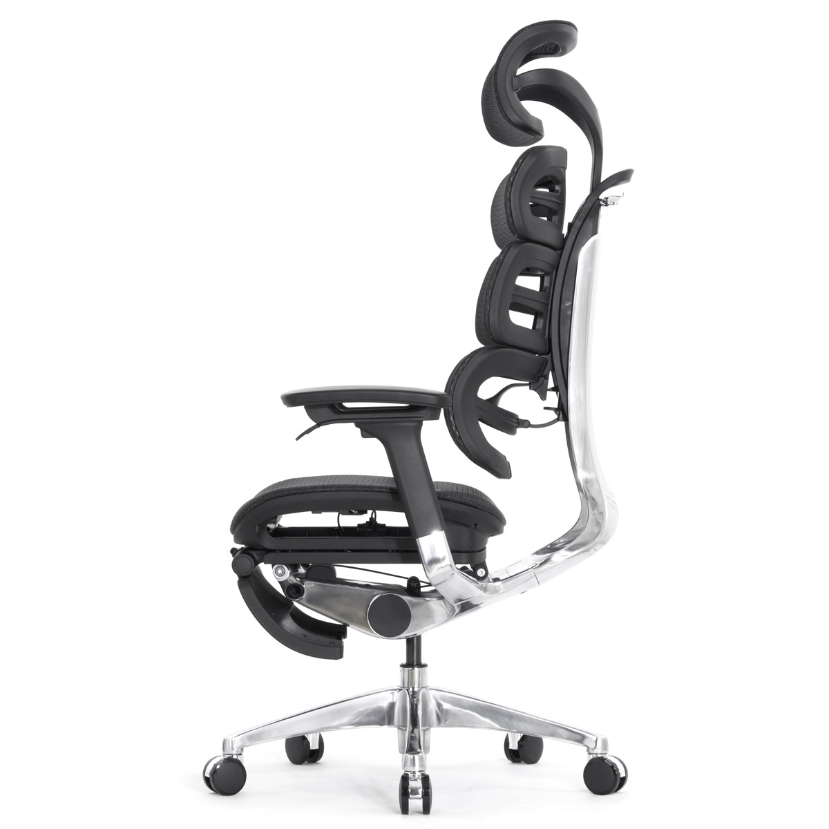 Эргономичное кресло Falto Evolution с подножкой (тихие вставки, управление на подлокотниках, сетка, чёрный)