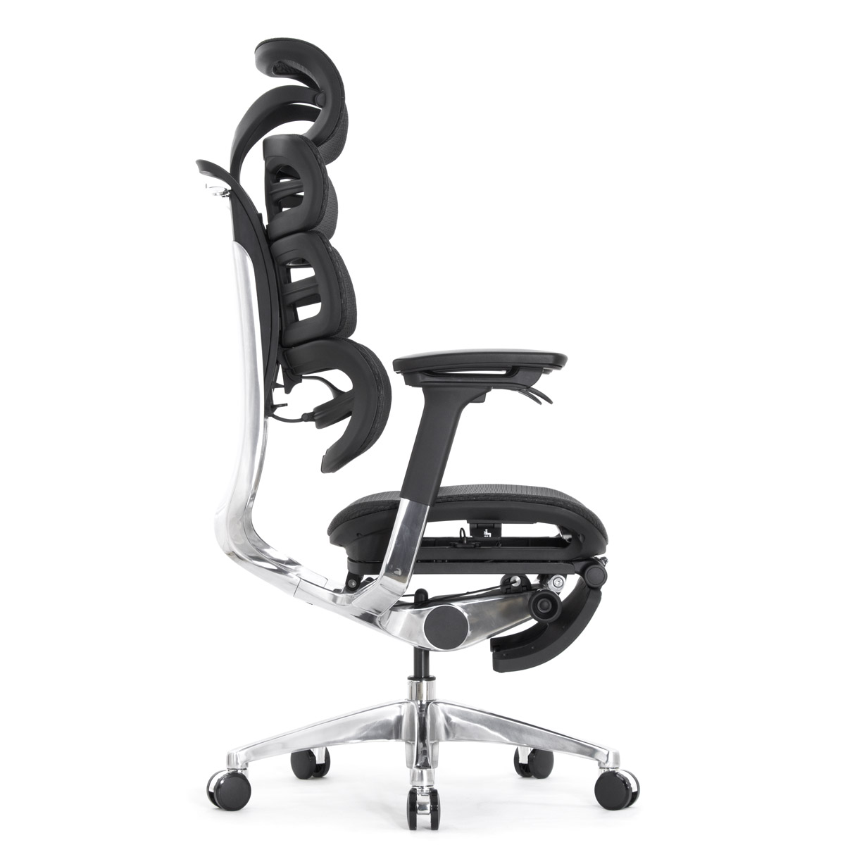 Эргономичное кресло Falto Evolution с подножкой (тихие вставки, управление на подлокотниках, сетка, чёрный)
