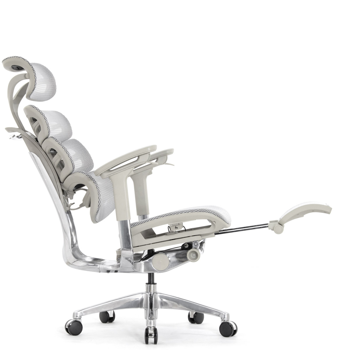 Эргономичное кресло Falto Evolution с подножкой (тихие вставки, управление на подлокотниках, сетка, серый)