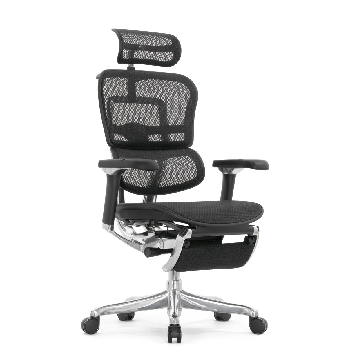 Эргономичное кресло Falto Ergohuman 2 Luxury с подножкой (SmartWork, алюминий, наклон вперёд, сетка, чёрный)